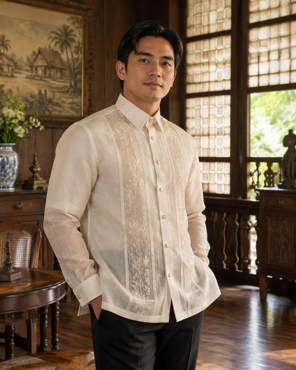 Filipino man wearing an embroidered Barong Tagalog