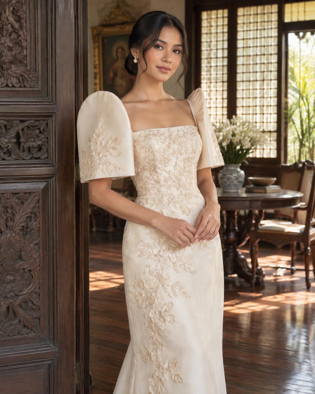 Filipina woman wearing an embroidered Filipiniana dress