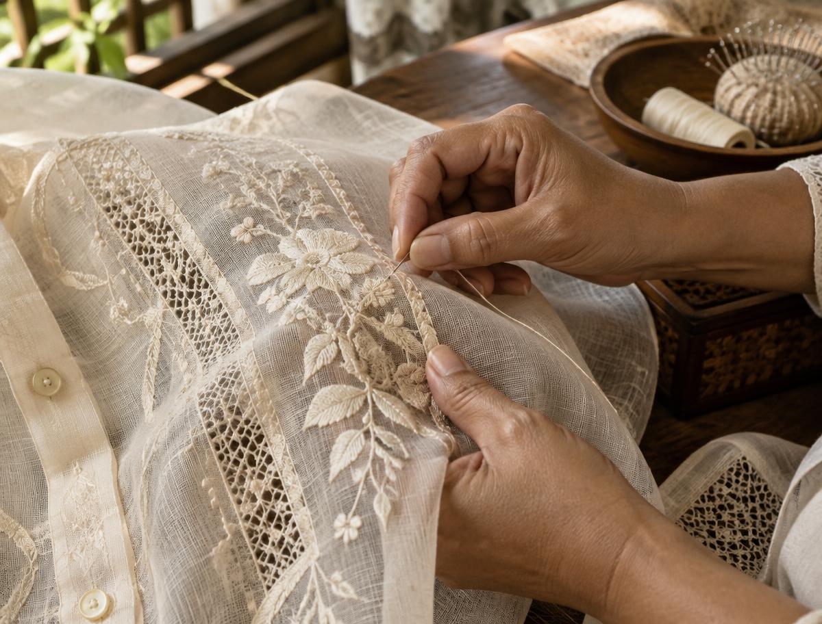 Hands carefully embroidering floral detail on sheer fabric